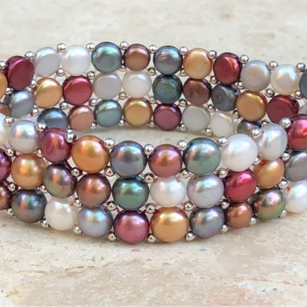Sterling Silver Multi-Colored Freshwater Pearl Triple Strand Bracelet NWOB